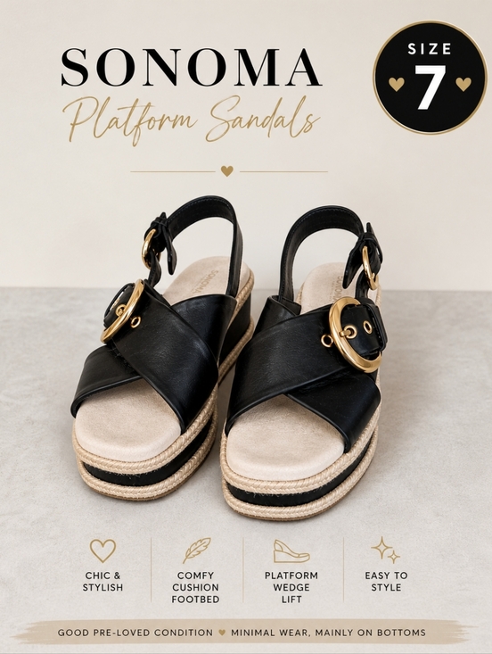 Sonoma Shoes - Sonoma Black Platform Sandals Size 7 Gold Buckle Espadrille Wedge Casual Chic